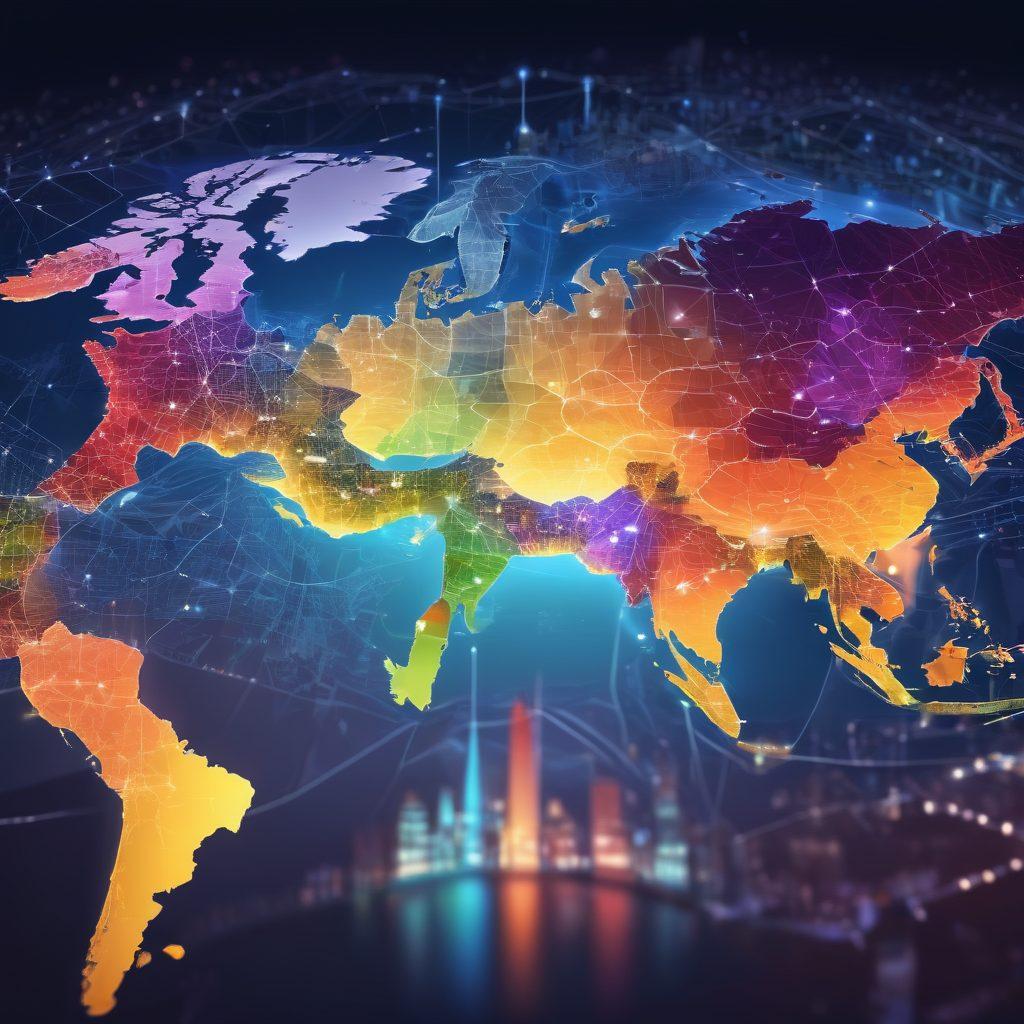 A diverse group of bloggers from different backgrounds gathered around a large digital map, symbolizing the blogging landscape. They are exchanging ideas, laughter, and creativity, with various digital devices in their hands. The map features interconnected nodes representing different communities and topics, with vibrant colors depicting diversity. In the background, a glowing skyline of a digital city that reflects the connectivity of the online world. super-realistic. vibrant colors. 3D.
