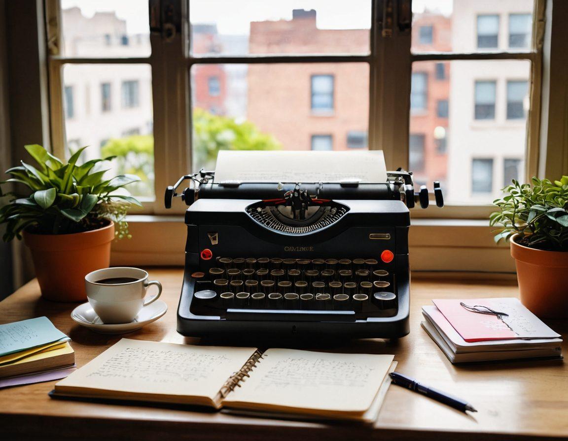 A serene workspace with a vintage typewriter, an open laptop displaying a vibrant blog interface, surrounded by scattered notebooks filled with handwritten thoughts and colorful sticky notes. A warm cup of coffee sits beside a small potted plant while soft sunlight filters through a nearby window, creating a cozy atmosphere. The background hints at a chaotic city through a blurred glass, symbolizing connection amidst chaos. super-realistic. warm tones. soft light.