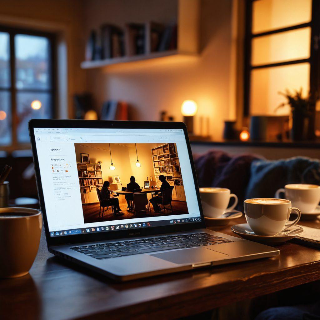 A cozy workspace with an open digital diary on a laptop screen, surrounded by warm, inviting elements like a steaming coffee cup, soft lighting, and personal mementos. In the background, silhouettes of people engaged in lively discussions, symbolizing connection. The scene conveys warmth and the interaction between digital and personal experiences. vibrant colors. super-realistic. soft focus.